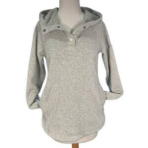 Columbia Med Gray Herringbone Hooded Fleece Pullover Snap Cozy Outdoor Cabin
